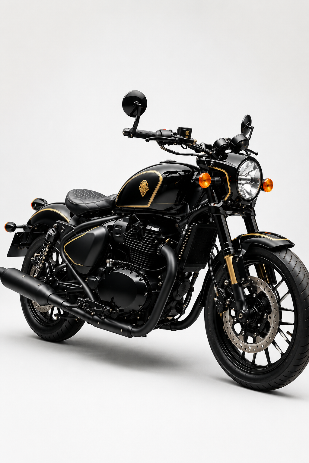 সবাই চাইবে, কিন্তু পাবেন মাত্র ২৫ জন! Royal Enfield-এর এই বিশেষ Shotgun 650 নিয়ে কেন এত উন্মাদনা? Royal Enfield Shotgun 650 x Rough Crafts limited edition motorcycle with black and gold design on a clean studio background. Image Source: Royal Enfield (Official Media/Press Images)