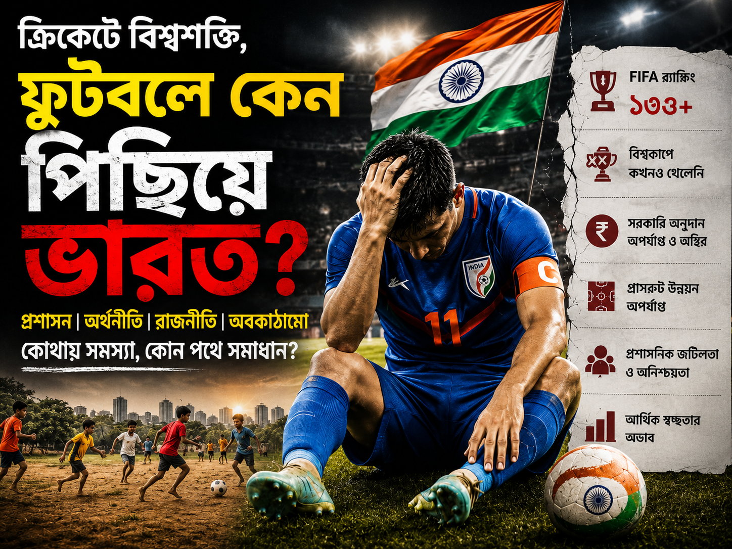 ক্রিকেটে বিশ্বশক্তি, ফুটবলে কেন পিছিয়ে ভারত? সাফল্যের পথে আসল বাধা কোথায়? ভারতের ফুটবল কেন পিছিয়ে—বিষণ্ন ভারতীয় ফুটবলারের সঙ্গে প্রশাসনিক সংকট, আর্থিক সমস্যা, গ্রাসরুট উন্নয়ন ও FIFA র্যাঙ্কিং তুলে ধরা প্রতীকী AI চিত্র