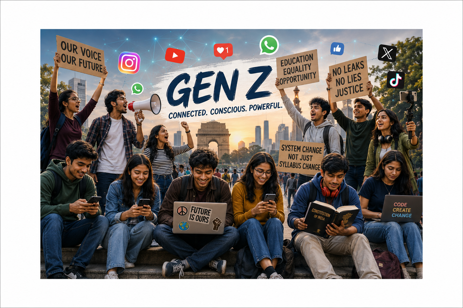 ইনস্টাগ্রামে প্রধানমন্ত্রী, মন্ত্রিসভা থেকে বিদায় শিক্ষামন্ত্রী: জেন-জি কি এখন ভারতীয় রাজনীতির নতুন নিয়ন্তা? ভারতের জেন জি (Generation Z)-এর প্রতীকী এআই অলঙ্করণ, যেখানে তরুণ-তরুণীরা স্মার্টফোন, ল্যাপটপ ও সামাজিক যোগাযোগমাধ্যম ব্যবহার করে জনমত গঠন, গণতান্ত্রিক অংশগ্রহণ এবং সামাজিক সচেতনতার প্রতীক হিসেবে তুলে ধরা হয়েছে।