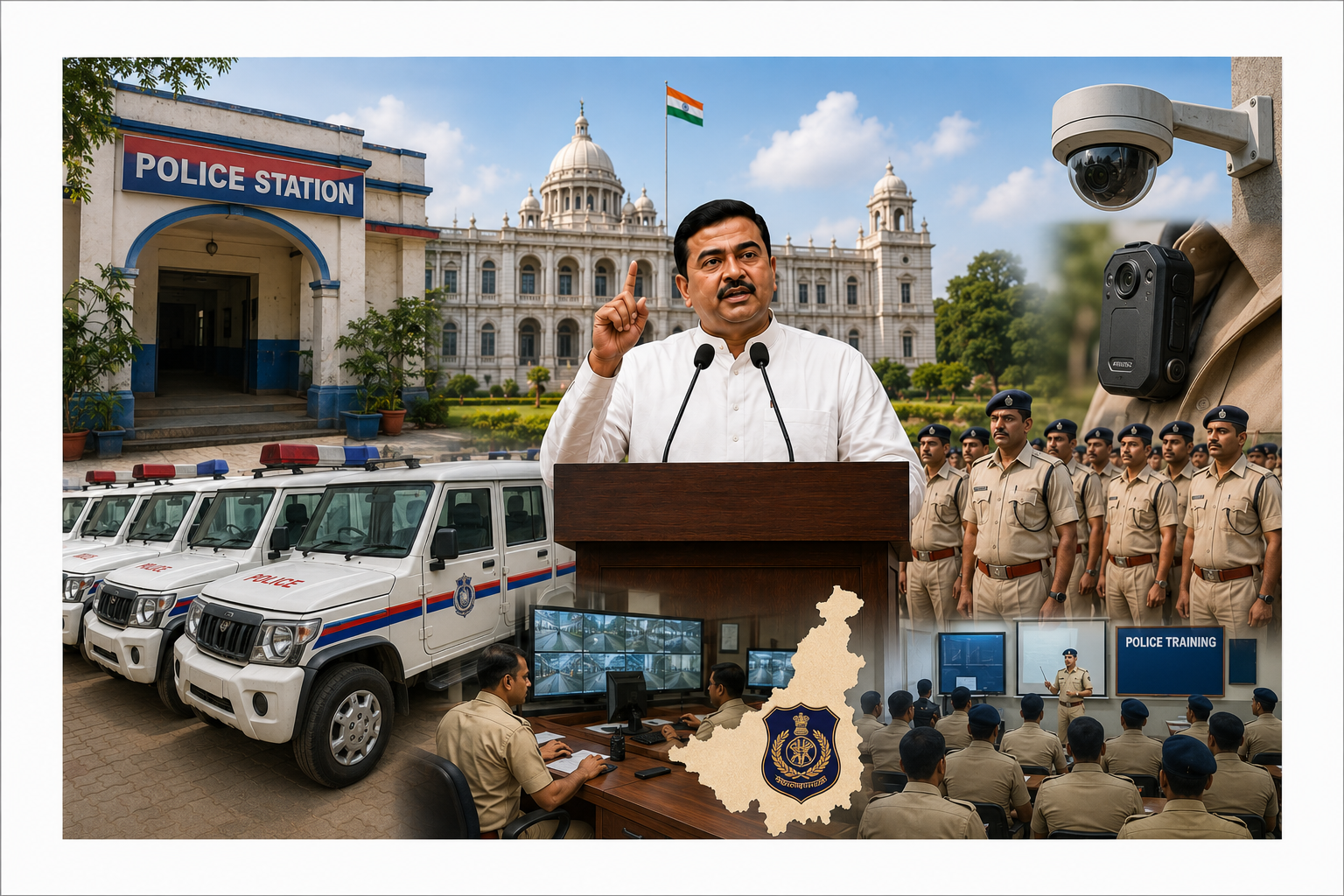 রাজ্যের ৫৫২টি থানার পরিকাঠামো ঢেলে সাজার উদ্যোগ, ৪০০০ পুলিশের গাড়ি বদলের ঘোষণা মুখ্যমন্ত্রীর মুখ্যমন্ত্রীর ঘোষণার প্রেক্ষিতে রাজ্য পুলিশের পরিকাঠামো উন্নয়নের প্রতীকী চিত্র। ছবিতে থানা ভবন, নতুন পুলিশ গাড়ি, পুলিশ সদস্য, সিসিটিভি ক্যামেরা, বডি ক্যামেরা, প্রশিক্ষণ কার্যক্রম এবং প্রশাসনিক ভবনের সমন্বিত দৃশ্য দেখা যাচ্ছে।