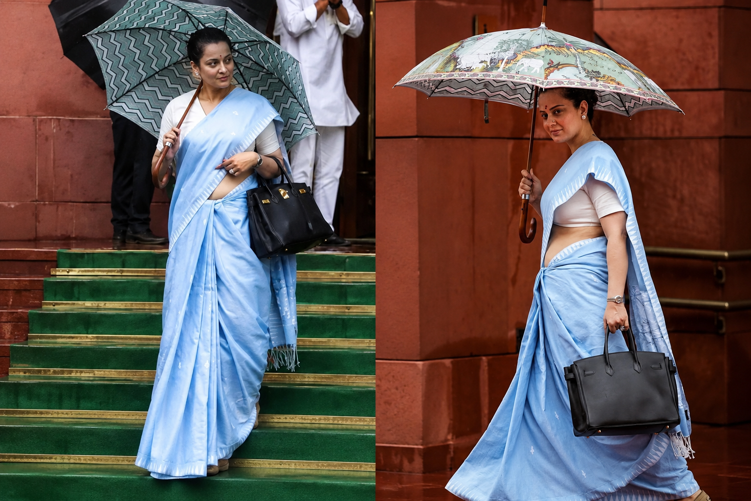 Kangana Ranaut র সংসদ লুক, নীল শাড়িতে ৫৬ লাখ টাকার বিলাসিতা লুকিয়ে নীল Eri সিল্কের শাড়ি ও কালো হ্যান্ডব্যাগ হাতে ছাতা মাথায় হাঁটছেন Kangana Ranaut