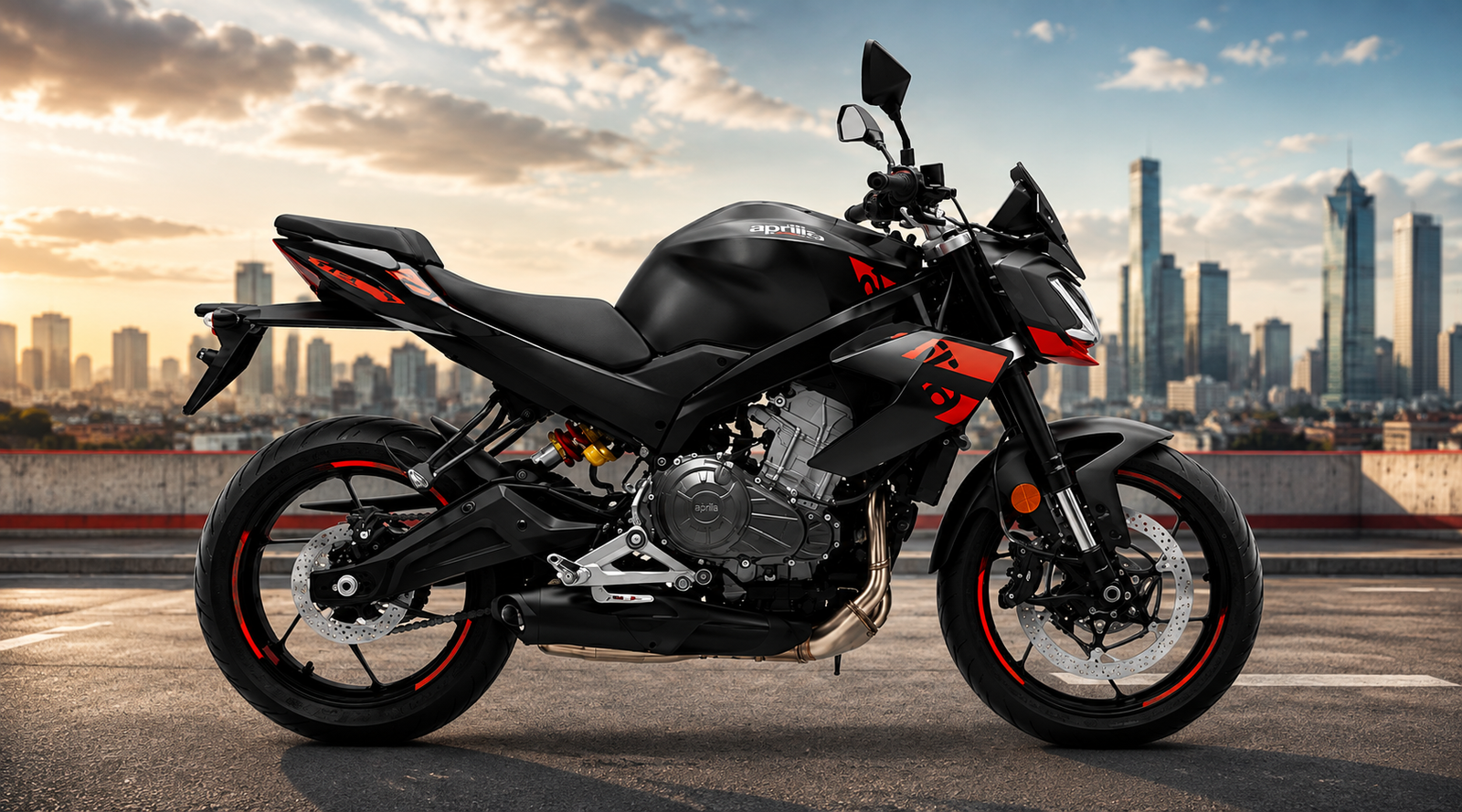 2026 Aprilia Tuono 457 Special Edition: দাম কমে আরও আরামদায়ক, কী কী বদলাল নতুন বাইকে? ২০২৬ Aprilia Tuono 457 Special Edition এর কালো ও লাল রঙের স্পোর্টি মোটরসাইকেল, শহরের রাস্তার পাশে সূর্যাস্তের আবহে।
