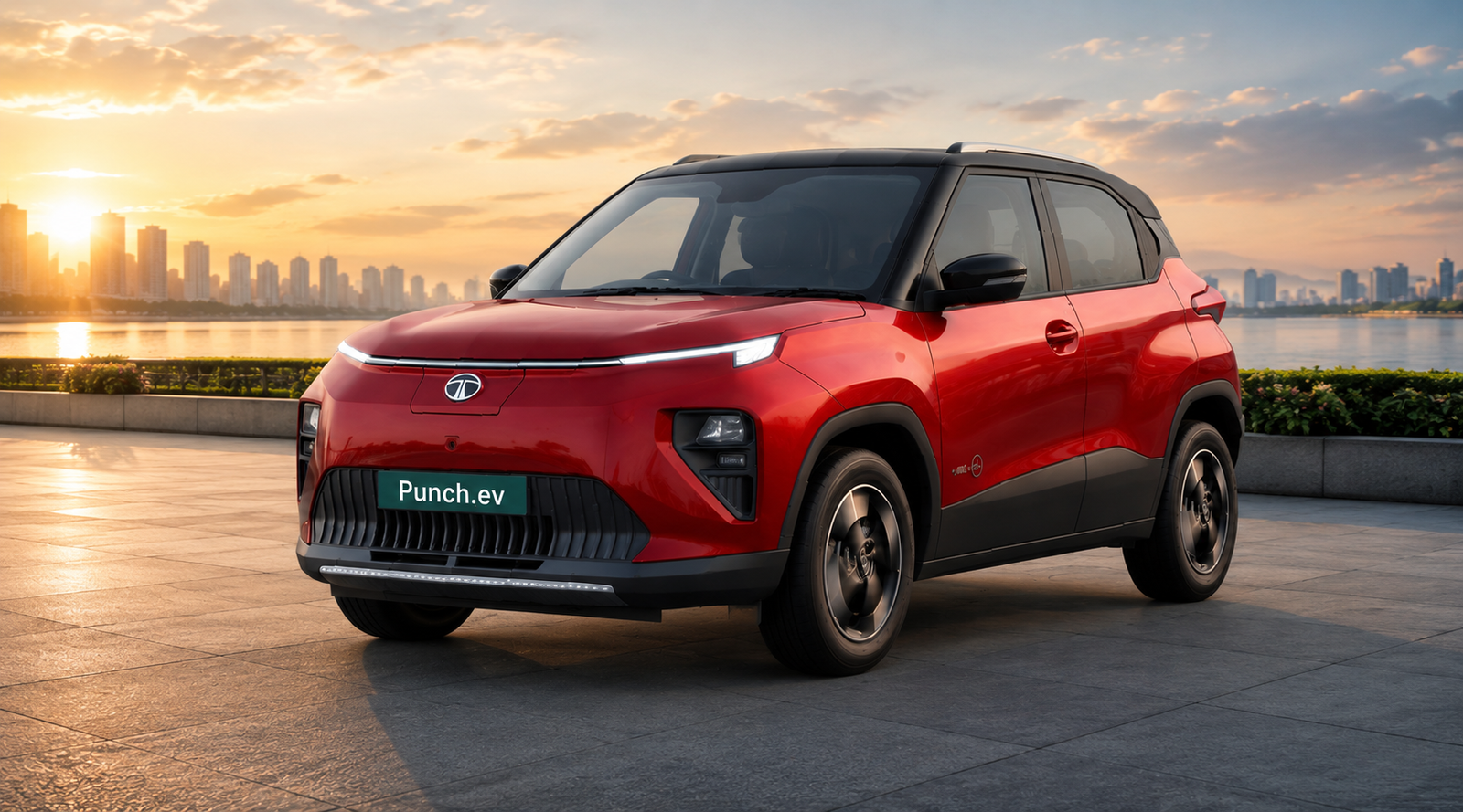 লাল রঙের Tata Punch EV বৈদ্যুতিক SUV হাইওয়েতে চলার দৃশ্য