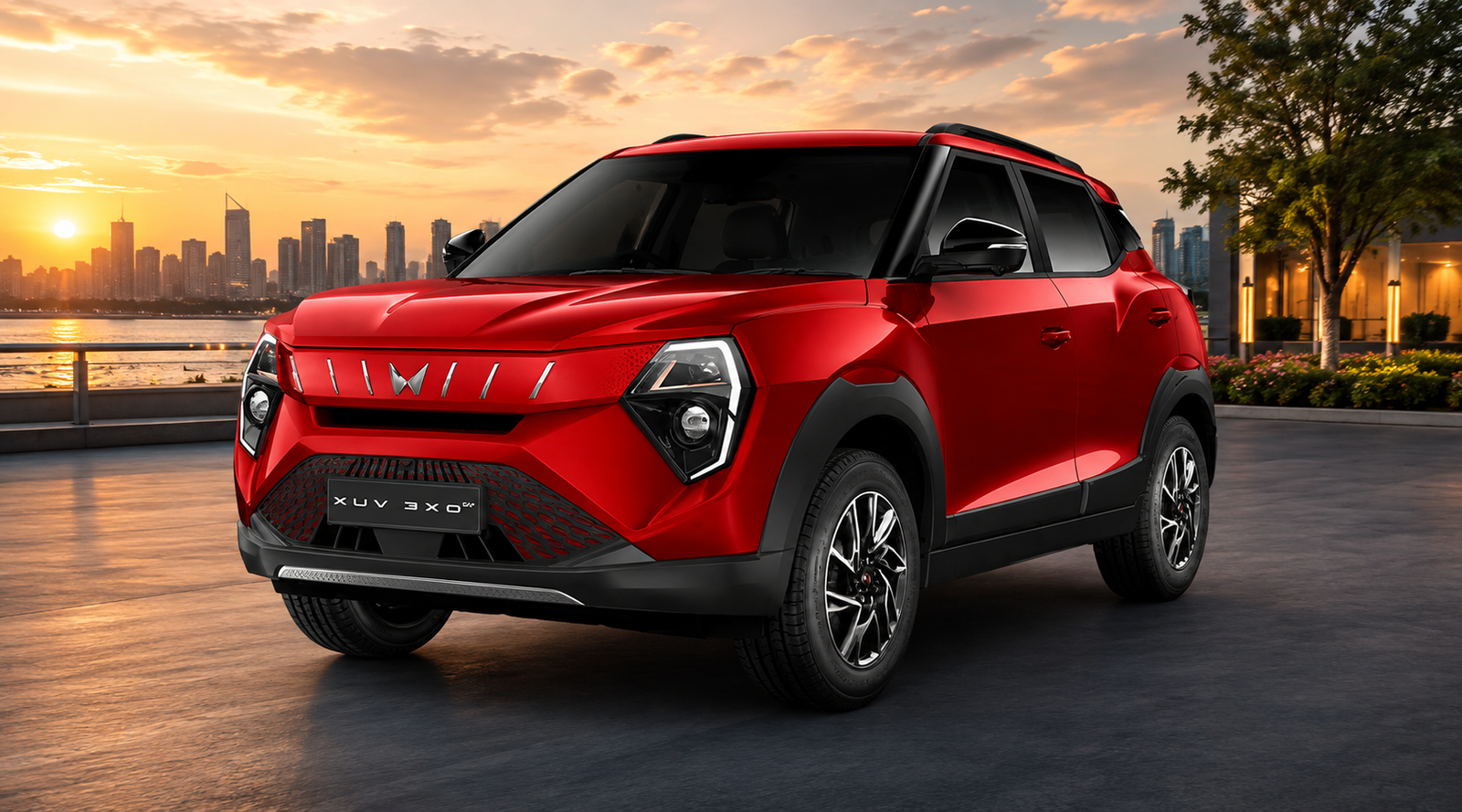 লাল রঙের Mahindra XUV 3XO EV Electric SUV এর সামনের ও পাশের দৃশ্য