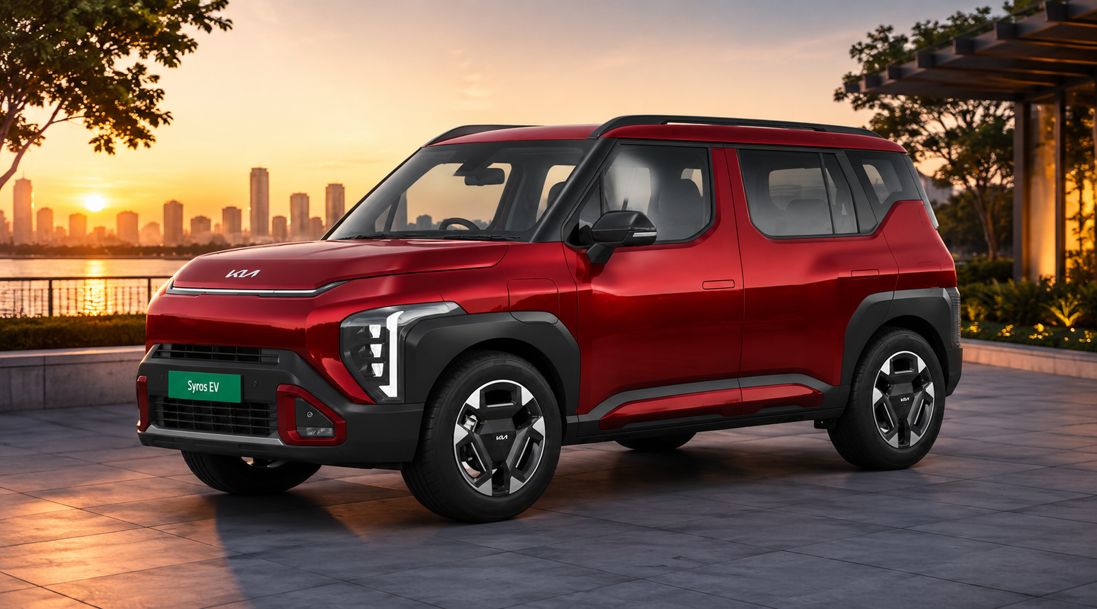 লাল রঙের KIA Syros EV Electric SUV সূর্যাস্তের সময় শহরের জলাশয়ের পাশে দাঁড়িয়ে রয়েছে