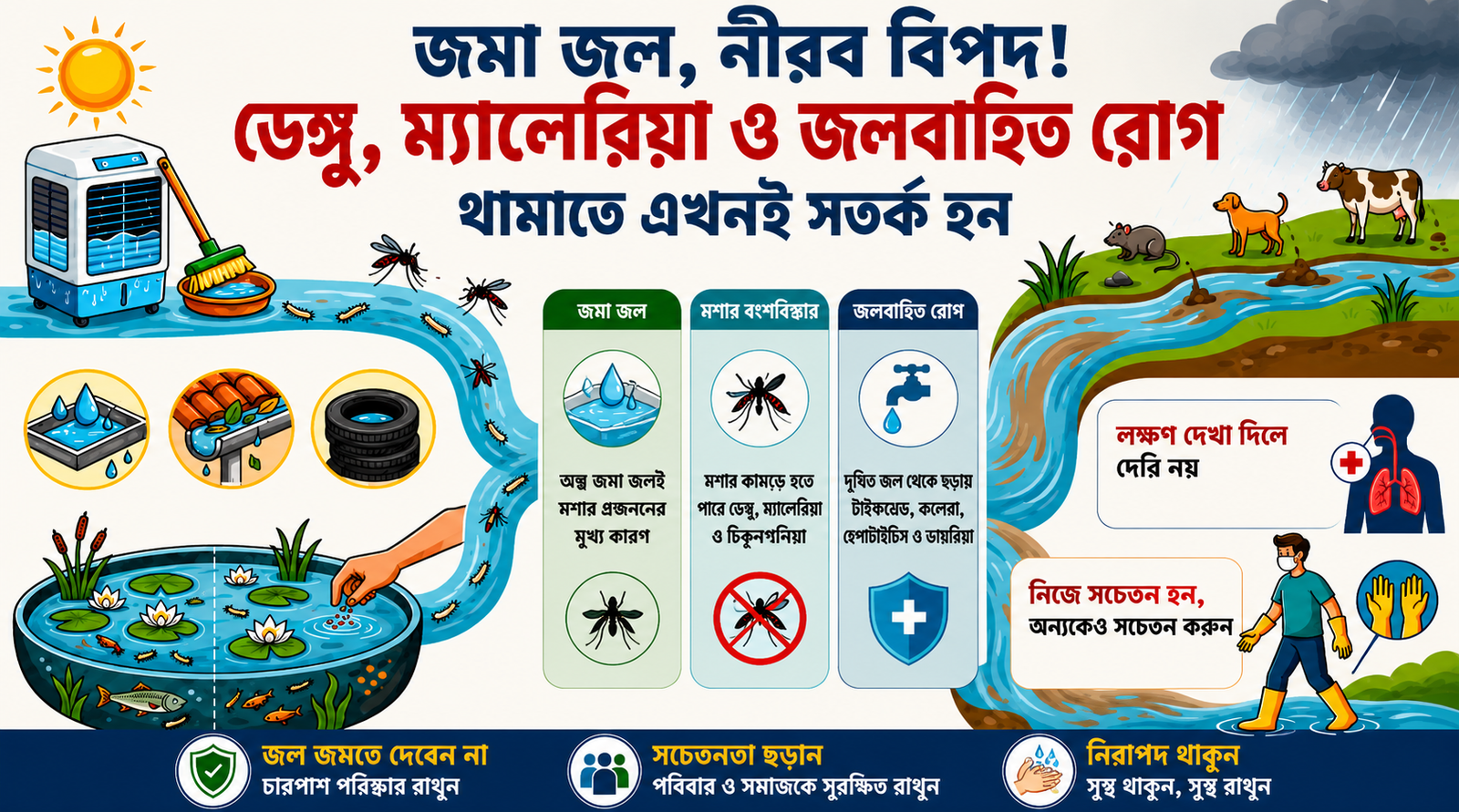 বর্ষায় কেন হঠাৎ বেড়ে যায় ডেঙ্গু, ম্যালেরিয়া ও জলবাহিত রোগ, রোগের আসল কারণ জানুন, কীভাবে বাঁচবেন বর্ষাকালে জমে থাকা জল থেকে ডেঙ্গু, ম্যালেরিয়া এবং জলবাহিত রোগের ঝুঁকি সম্পর্কে সচেতনতা বাড়াতে তৈরি বাংলা ইনফোগ্রাফিক। মশার প্রজনন ও সংক্রমণ প্রতিরোধে সচেতনতামূলক ভিজ্যুয়াল।
