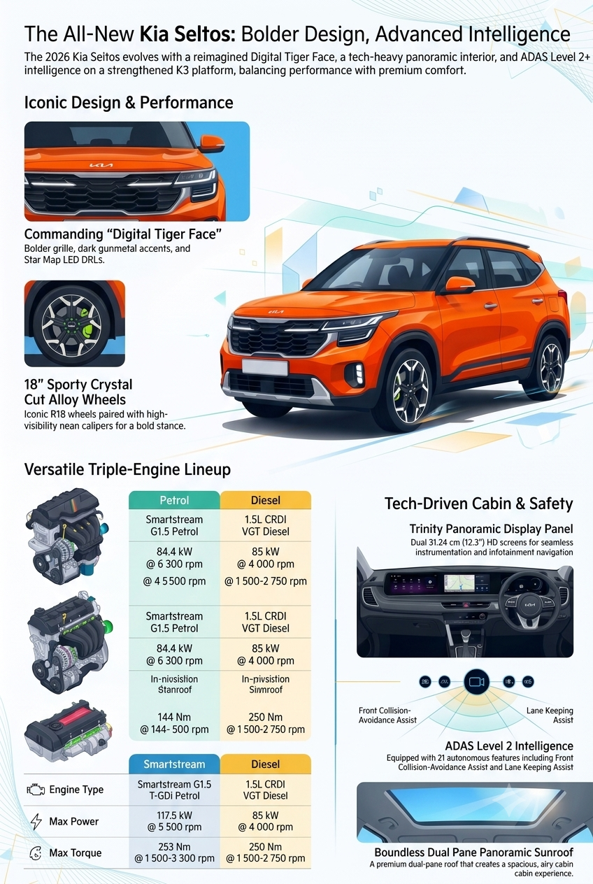 এক নজরে নতুন Kia Seltos, ডিজাইন থেকে ADAS Safety, সব গুরুত্বপূর্ণ ফিচার এই ইনফোগ্রাফিকে তুন Kia Seltos এর ডিজাইন, ইঞ্জিন, ADAS নিরাপত্তা প্রযুক্তি, Panoramic Display, Connected Features এবং Premium Cabin তুলে ধরা একটি বিস্তারিত ইনফোগ্রাফিক।
