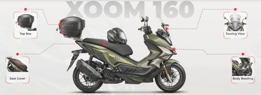 Hero Xoom 160 Scooter-এর Touring Accessories, Top Box, Touring Visor, Seat Cover এবং Body Beading সহ প্রদর্শিত