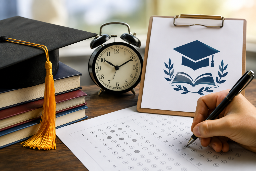 UGC NET এর তিনটে বিষয়ে ফের পরীক্ষা, ভুল প্রশ্নের কারণে বড় সিদ্ধান্ত NTA র UGC NET পরীক্ষার প্রস্তুতির প্রতীক হিসেবে উত্তরপত্রে উত্তর দিচ্ছেন একজন পরীক্ষার্থী, পাশে বই, গ্র্যাজুয়েশন ক্যাপ ও পরীক্ষার সামগ্রী।