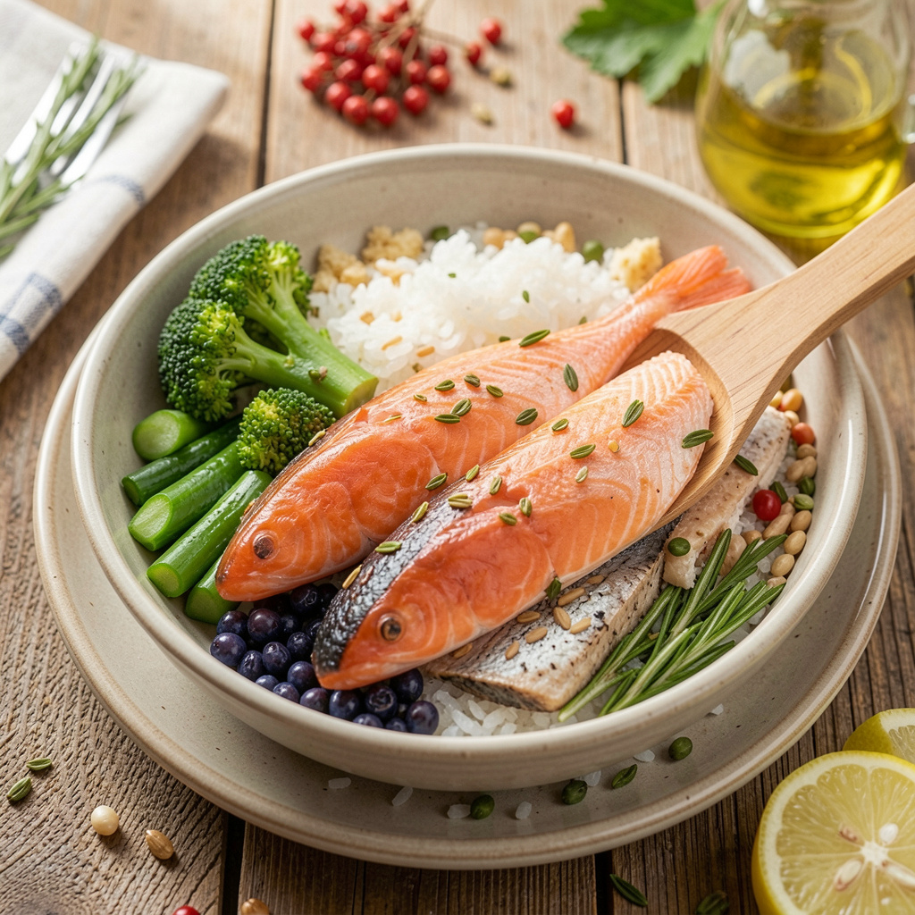 Omega 3 সমৃদ্ধ ১০টি সহজলভ্য খাবার যা প্রতিদিনের খাদ্যতালিকায় রাখলে মিলতে পারে Heart ও Brain Health এর উপকার স্যালমন, সার্ডিনসহ Omega 3 সমৃদ্ধ মাছ, সবুজ শাকসবজি, ভাত ও স্বাস্থ্যকর উপাদান দিয়ে সাজানো একটি পুষ্টিকর খাবারের প্লেট। Heart Health, Brain Function এবং Balanced Diet এর জন্য Omega 3 সমৃদ্ধ খাদ্যের প্রতীকী ছবি।